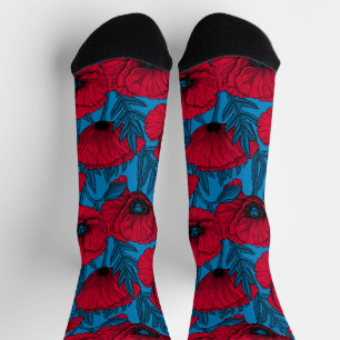 Red poppy garden on blue socks