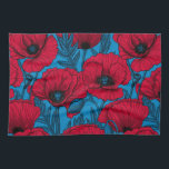 Red poppy garden on blue tea towel<br><div class="desc">Vector pattern made of hand-drawn poppies.</div>