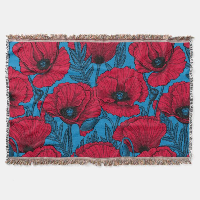 Red poppy garden on blue throw blanket (Front)