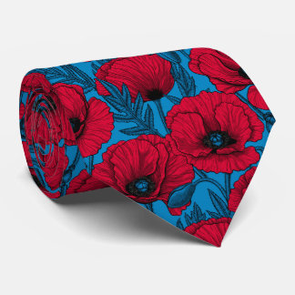 Red poppy garden on blue tie