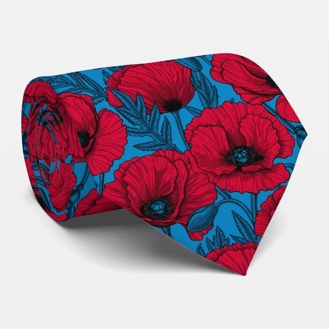 Red poppy garden on blue tie (Rolled)