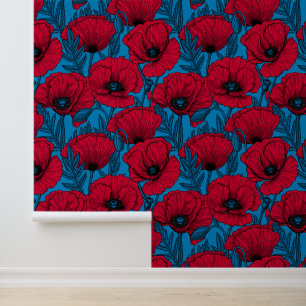 Red poppy garden on blue wallpaper