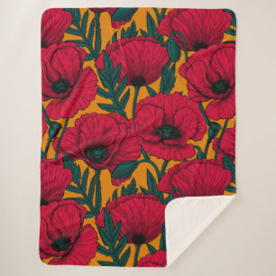 Red poppy garden sherpa blanket