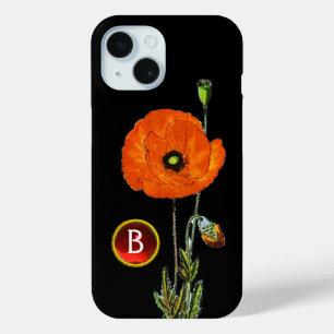 RED POPPY IN BLACK RUBY GEMSTONE MONOGRAM iPhone 15 CASE