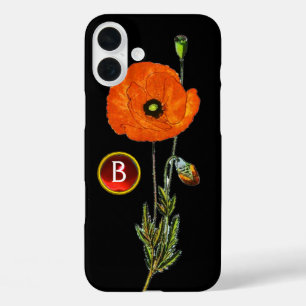 RED POPPY IN BLACK RUBY GEMSTONE MONOGRAM iPhone 16 PLUS CASE
