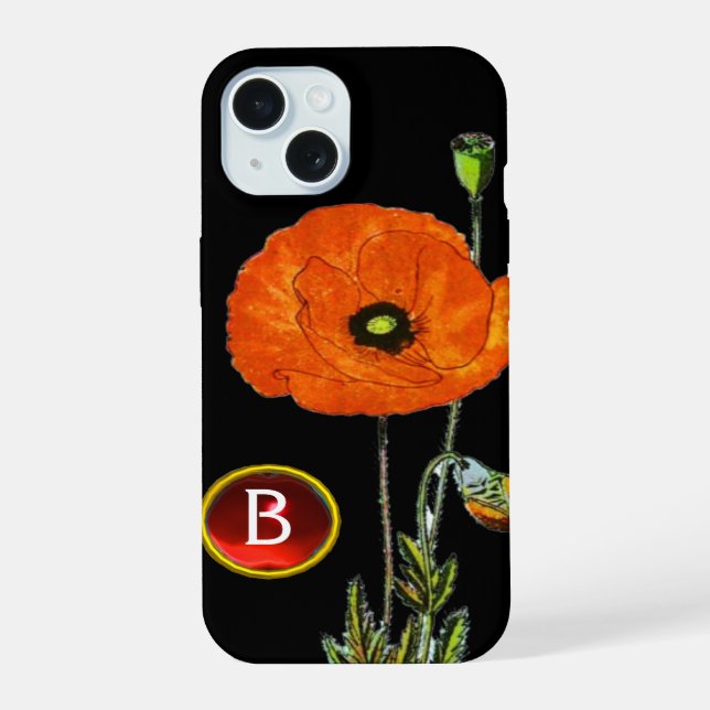 RED POPPY IN BLACK RUBY GEMSTONE MONOGRAM iPhone 15 CASE (Back)