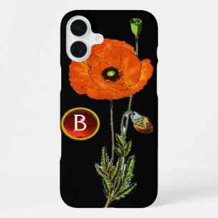 RED POPPY IN BLACK RUBY GEMSTONE MONOGRAM iPhone 16 PLUS CASE