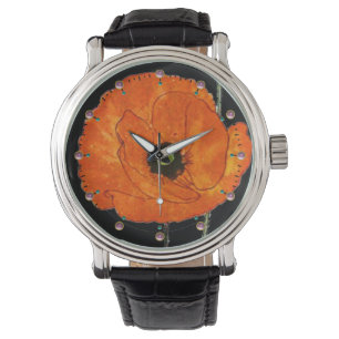 RED POPPY IN BLACK WITH GEMSTONES WATCH