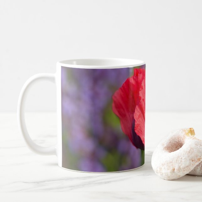 Red Poppy in Purple Garden Coffee Mug (With Donut)