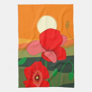 Red Poppy Meadow at Sunset Tea Towel