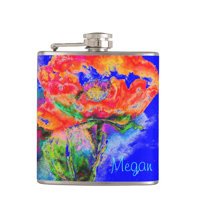 Red Poppy Monogram - blue Hip Flask (Front)