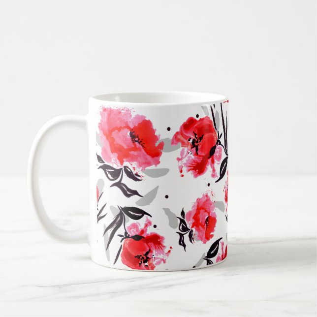 Red Poppy on a white background with grey stripes. Coffee Mug (Left)