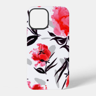 Red Poppy on a white background with grey stripes. iPhone 12 Case