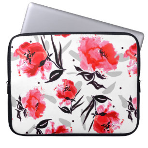 Red Poppy on a white background with grey stripes. Laptop Sleeve