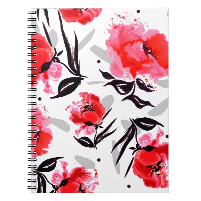 Red Poppy on a white background with grey stripes. Notebook (Front)