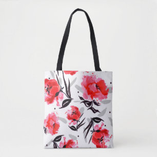 Red Poppy on a white background with grey stripes. Tote Bag