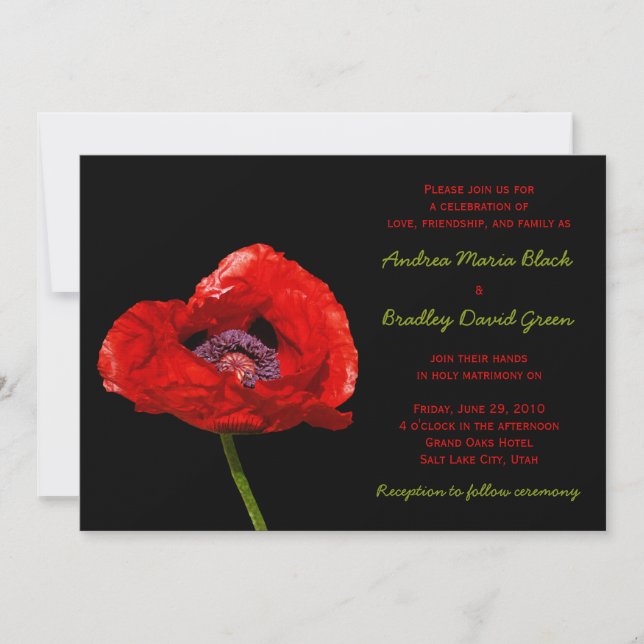 Red Poppy on Black Wedding Invitation (Front)