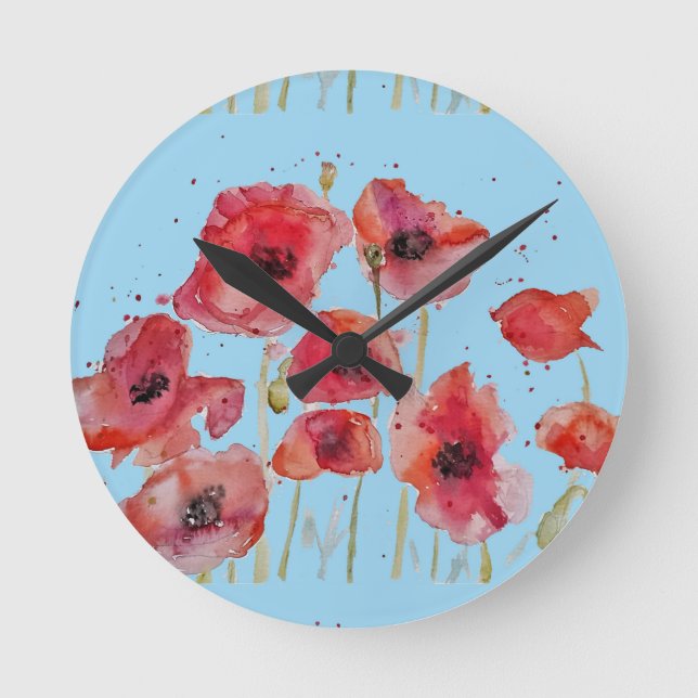 Red Poppy on Blue Watercolour Poppies Round Clock (Front)