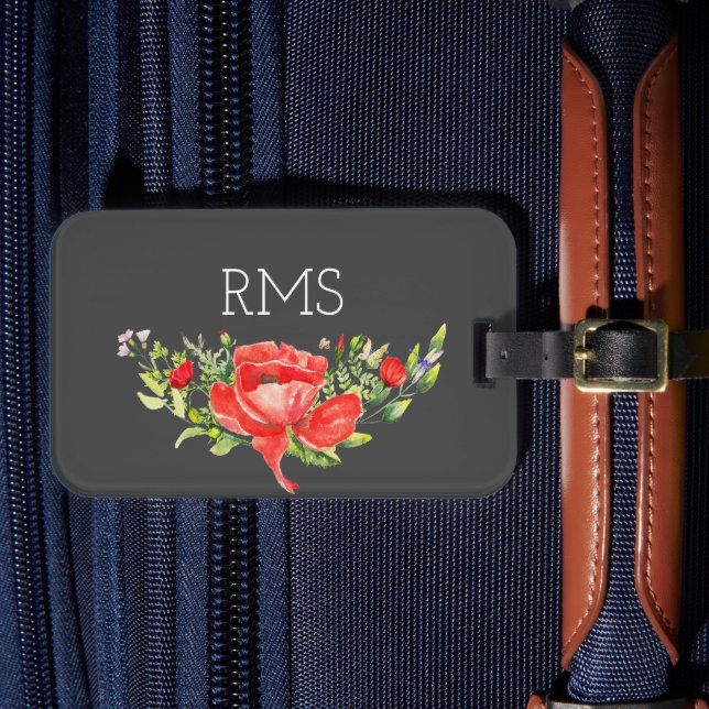 Red Poppy on Grey Customisable Monogram  Luggage Tag (Front Insitu 4)