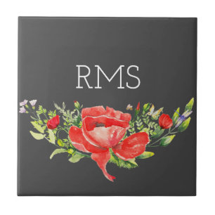 Red Poppy on Grey Customisable Monogram Tile