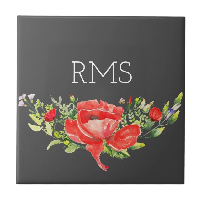 Red Poppy on Grey Customisable Monogram  Tile (Front)