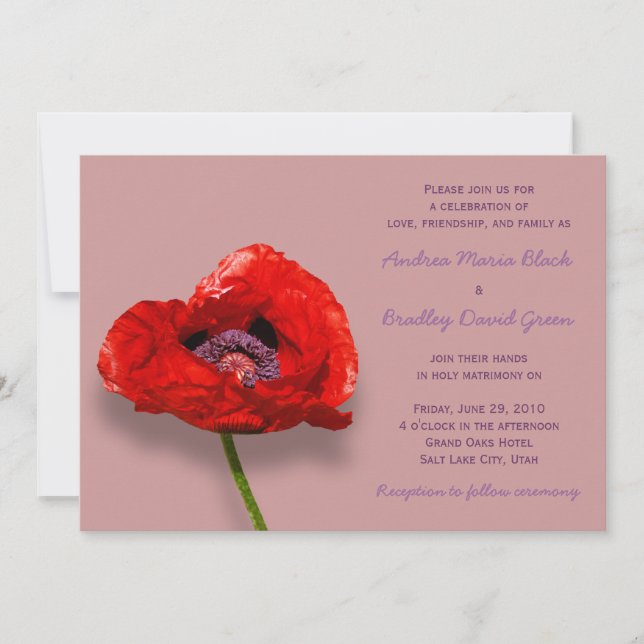 Red Poppy on Mauve Wedding Invitation (Front)