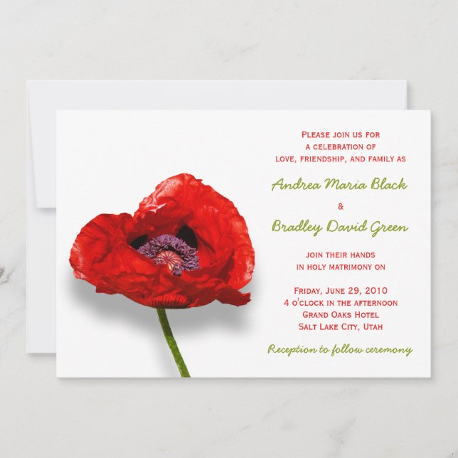 Red Poppy on White Wedding Invitation (Front)