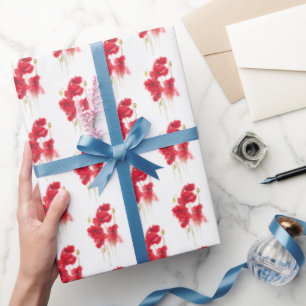 Red Poppy Painting on White Wrapping Paper