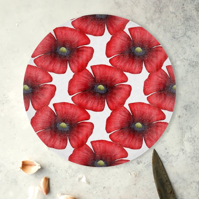 Red Poppy Pattern Decorative Glass Cutting Board (Pop a poppy chopping board in your kitchen. Makes a great housewarming or birthday gift)