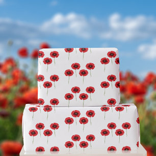 Red Poppy Pattern on White Wrapping Paper