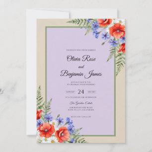 Red Poppy Periwinkle Wedding Invitation