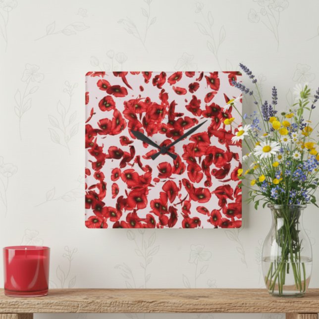 Red Poppy Petal Pattern Modern Floral Wall Clock (Embrace nature's beauty with this exquisite red poppy petal pattern clock.)