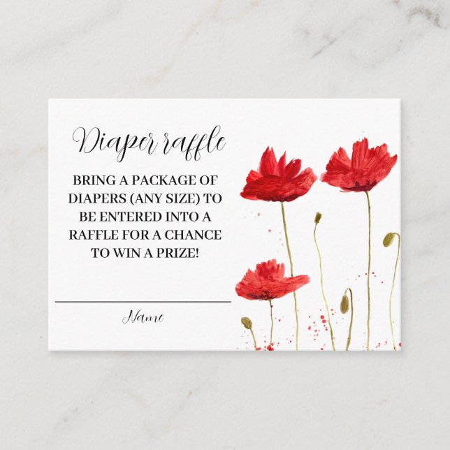 Red Poppy Poppies Floral Diaper Raffle Baby Shower Enclosure Card (Front)
