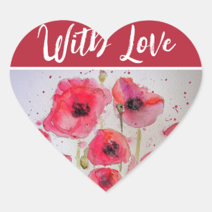 Red Poppy Poppies floral flower Watercolor art Heart Sticker