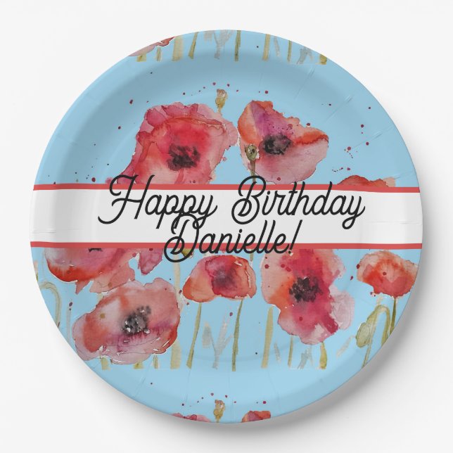 Red Poppy Poppies floral Watercolor Birthday Paper Plate (Front)