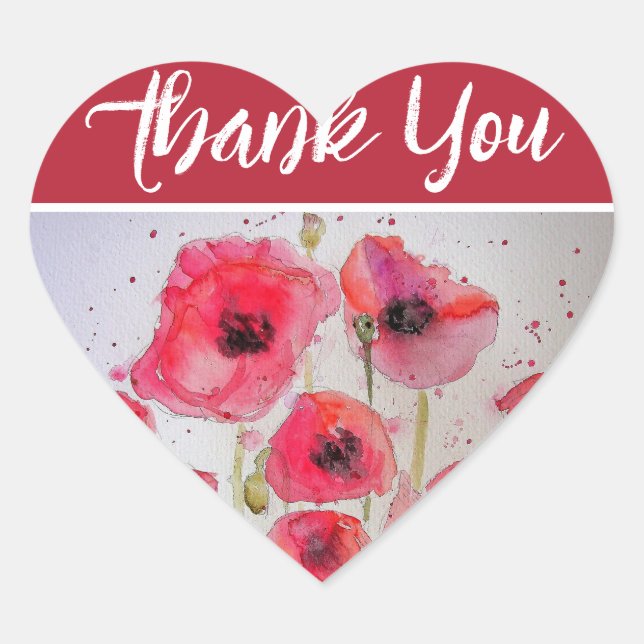 Red Poppy Poppies flower Watercolor Thank You Heart Sticker (Front)
