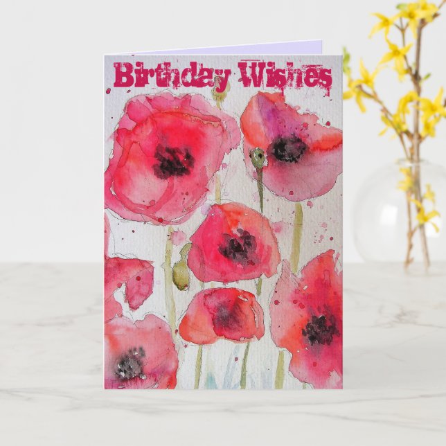 Red Poppy Poppies Flower Watercolour Art Card (Yellow Flower)