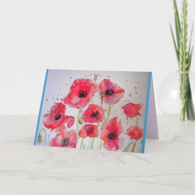Red Poppy poppies flower Watercolour Painting Card (Front)