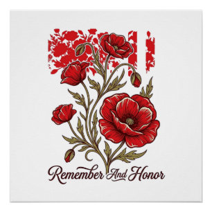 Red Poppy Remember And Honour Vintage Memorial Shi Poster