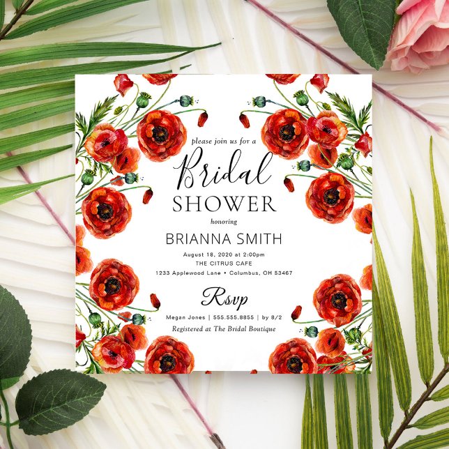 Red Poppy Romantic Floral Elegant Bridal shower  Invitation (Creator Uploaded)