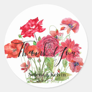  red  poppy rose dahlia ranunculus bouquet  classic round sticker