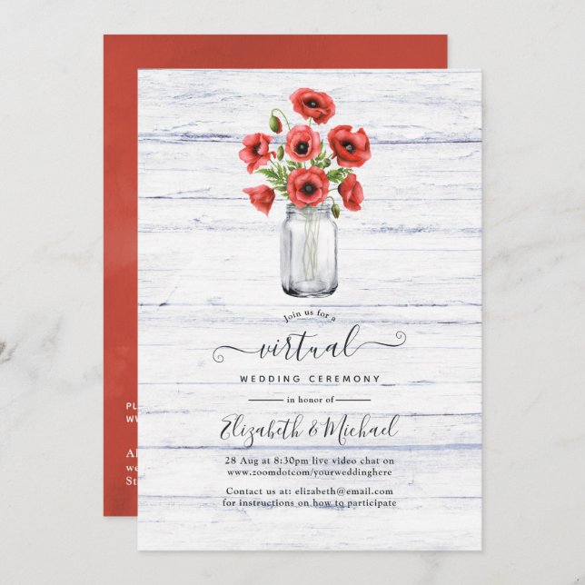 Red Poppy Rustic Country Online Virtual Wedding Invitation (Front/Back)