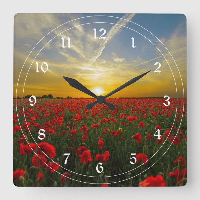 Red Poppy Sunset Square Wall Clock (Front)