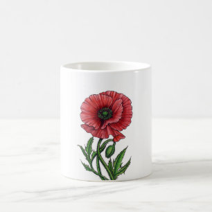 Red poppy, watercolor and ink coffee mug