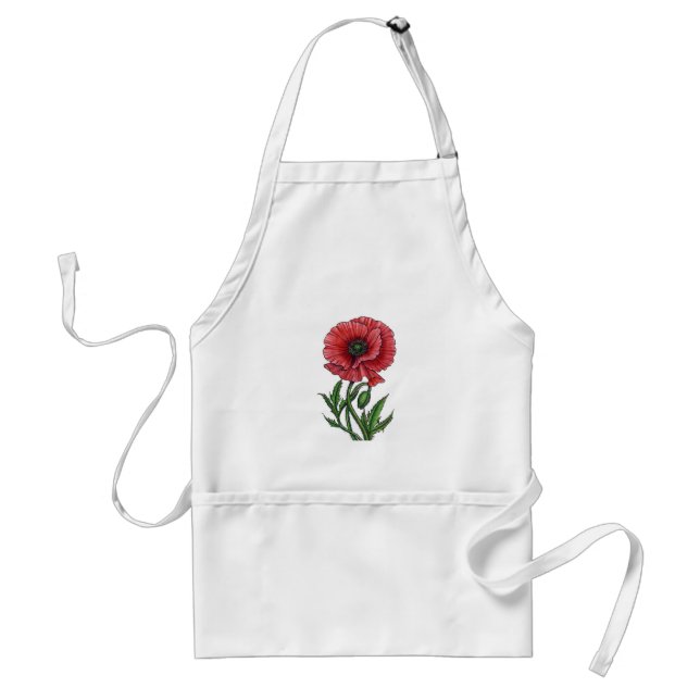 Red poppy, watercolor and ink standard apron (Front)