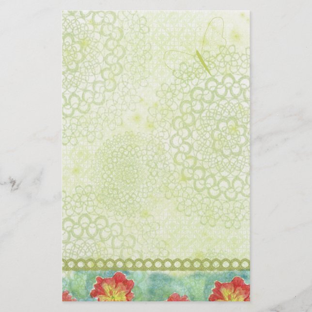 Red Poppy Watercolor Flowers Chatreuse Green Stationery (Front)