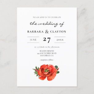 Red poppy watercolor wedding invitation postcard