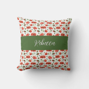 Red Poppy Watercolor Wildflower Monogram Name Cushion