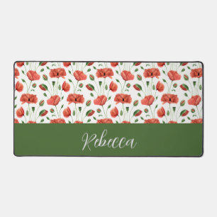 Red Poppy Watercolor Wildflower Monogram Name Desk Mat