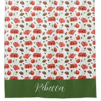 Red Poppy Watercolor Wildflower Monogram Shower Curtain
